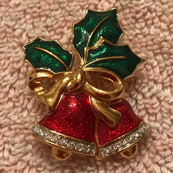 VTG CHRISTMAS Red Bells Pin w/ stones, bow + holly - Picture 2 of 5